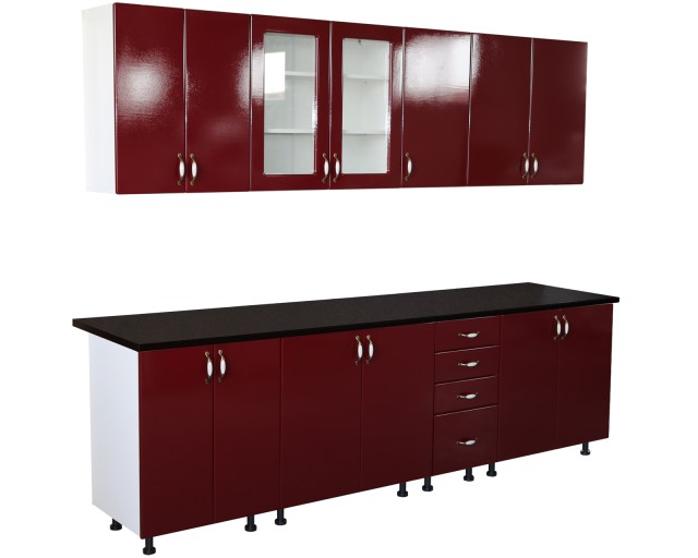 Bucatarie Zebra 260 cm din MDF Rosu Simplu cu blat termoizolant negru